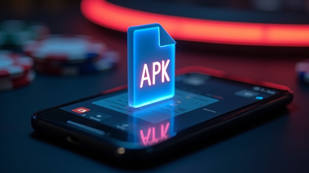 Android-Smartphone mit APK-Datei vor dunklem Casino-Hintergrund