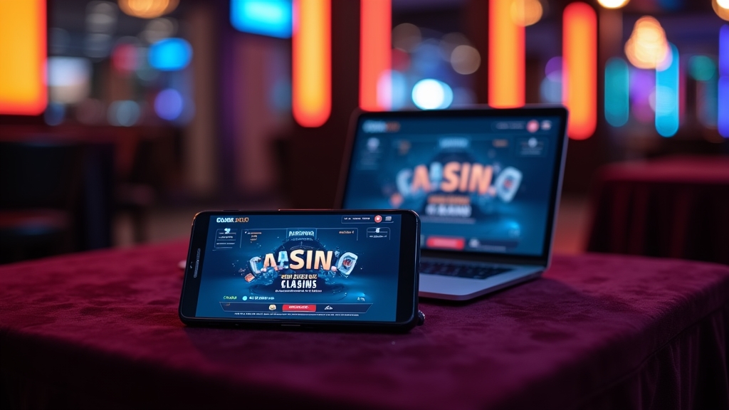 Smartphone und Laptop zeigen einen mobilen Casino-Download im dunklen Ambiente