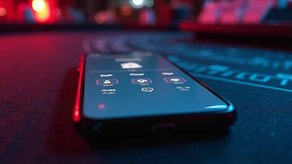 Smartphone mit Einstellungs- und Login-Symbolen auf dunklem Casino-Tisch