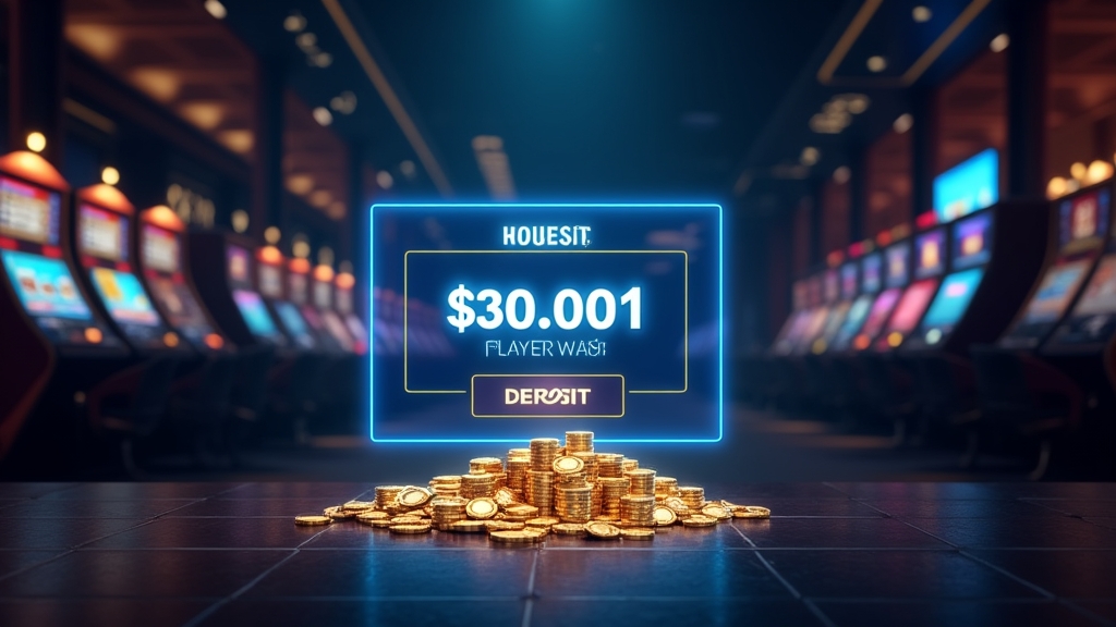 Einzahlungsscreen mit leuchtenden Coins und Karten in einer dunklen Casino-Lobby
