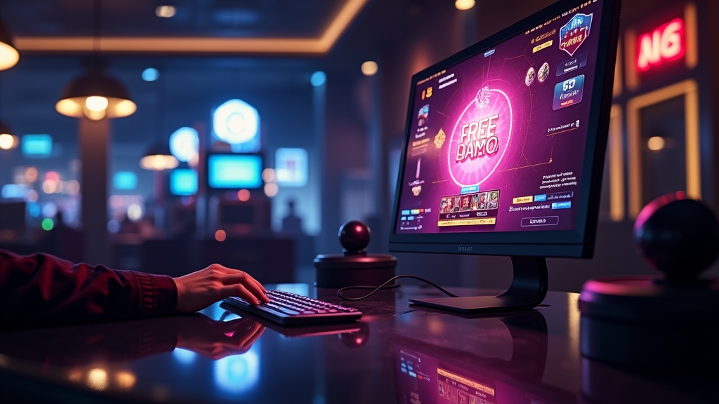 Dunkler Casino-Raum mit offenem Demospiel und virtuellen Bedienelementen auf dem Bildschirm