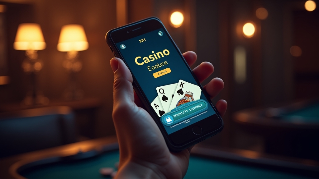 Hand hält Smartphone mit übersichtlicher Casino-Oberfläche im dunklen Ambiente