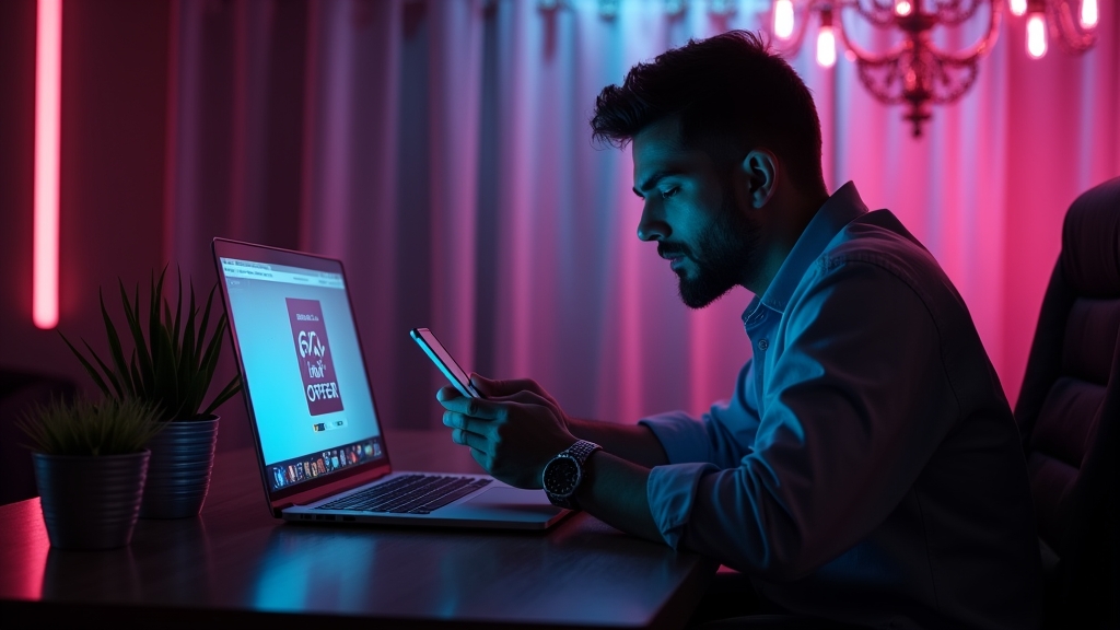 Neukunde prüft No-Deposit-Angebot auf Laptop und Handy im Casino-Look