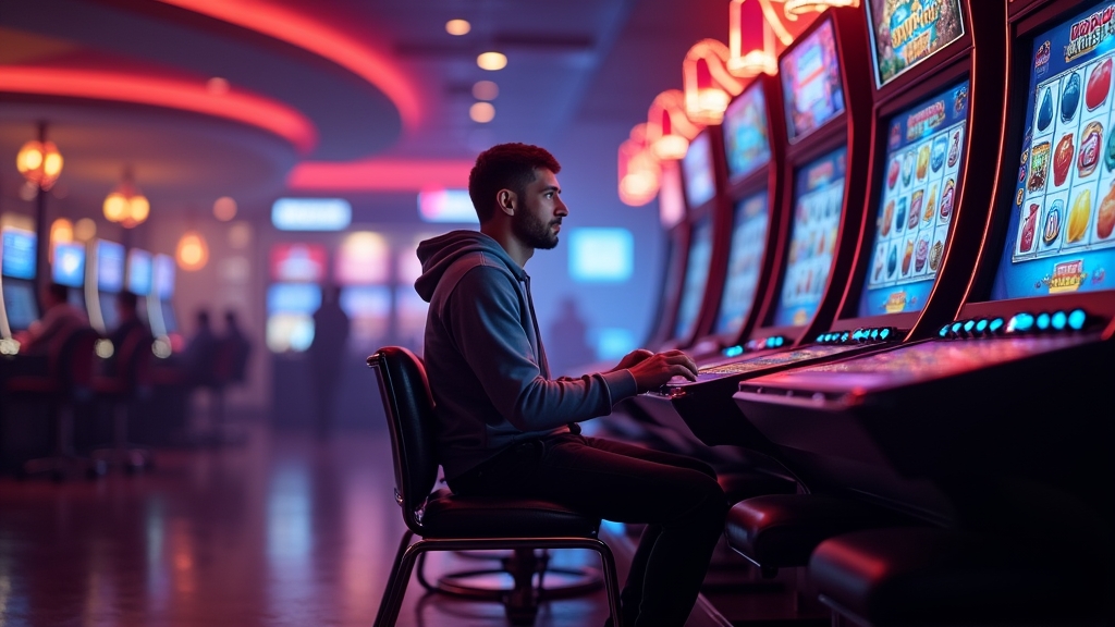 Einsteiger testet ein Casino-Spiel im Übungsmodus bei gedämpftem Neonlicht